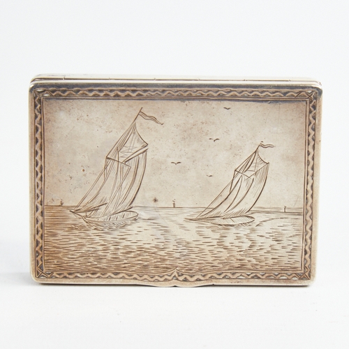 1220 - A George V silver table snuffbox, plain rectangular form with engraved sailing boat scene lid and gi... 