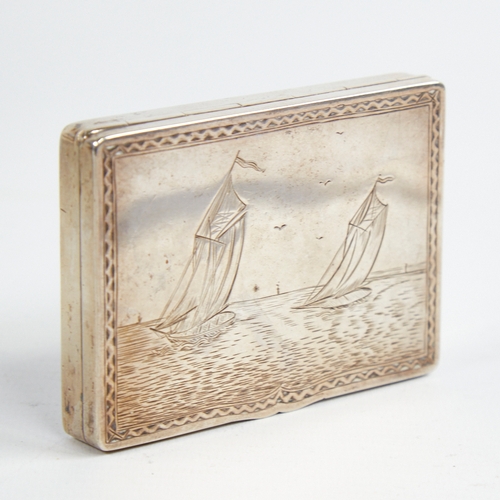 1220 - A George V silver table snuffbox, plain rectangular form with engraved sailing boat scene lid and gi... 