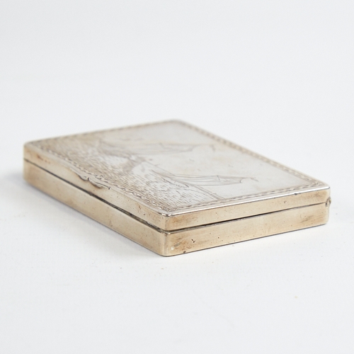 1220 - A George V silver table snuffbox, plain rectangular form with engraved sailing boat scene lid and gi... 