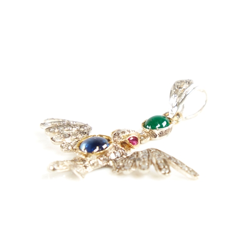 1222 - A modern Continental silver sapphire ruby emerald and diamond figural bird pendant, set with oval ca... 