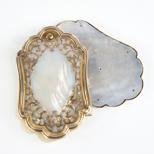 1232 - An Antique French Palais-Royal mother-of-pearl and silver-gilt dance card, fan opening to reveal 5 i... 