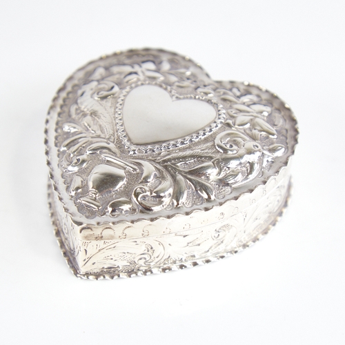 1236 - A Victorian silver heart-shaped trinket box and cover, relief embossed bird and foliate decoration, ... 