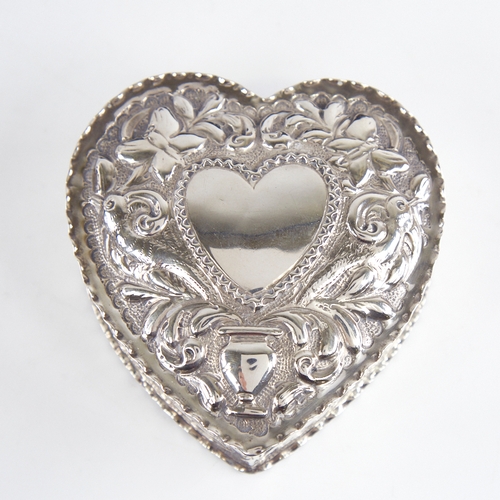 1236 - A Victorian silver heart-shaped trinket box and cover, relief embossed bird and foliate decoration, ... 