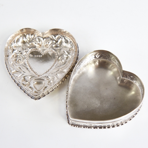 1236 - A Victorian silver heart-shaped trinket box and cover, relief embossed bird and foliate decoration, ... 