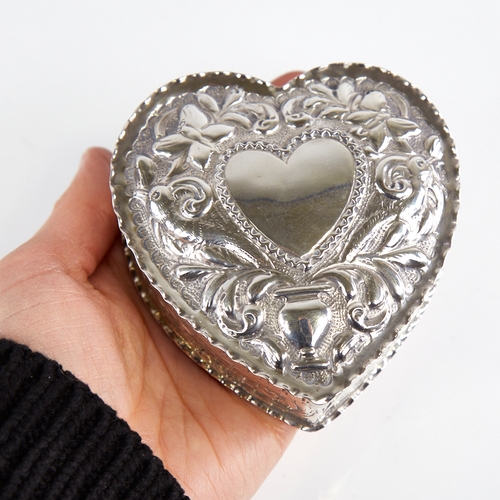 1236 - A Victorian silver heart-shaped trinket box and cover, relief embossed bird and foliate decoration, ... 