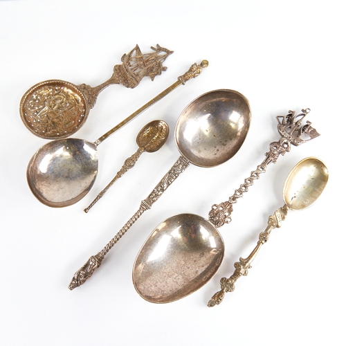 1238 - Various Continental silver and white metal spoons, including Dutch example with ship terminal, Apost... 