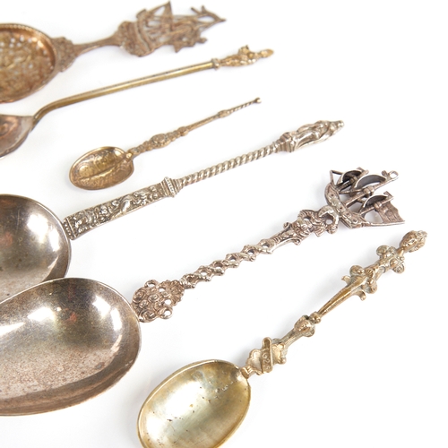 1238 - Various Continental silver and white metal spoons, including Dutch example with ship terminal, Apost... 