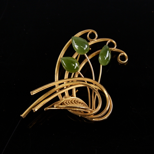 1245 - An eastern unmarked gold and jadeite floral brooch, brooch length 60mm, 8.4g