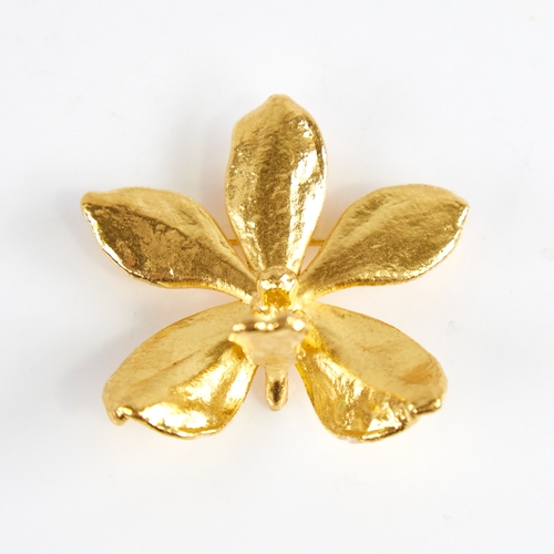 1249 - A Vintage Singaporean 24ct gold floral orchid pendant/brooch, by Risis, brooch width 40.9mm, 10.6g, ... 