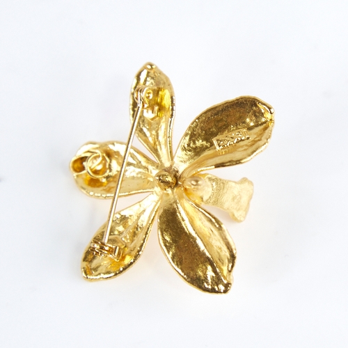 1249 - A Vintage Singaporean 24ct gold floral orchid pendant/brooch, by Risis, brooch width 40.9mm, 10.6g, ... 