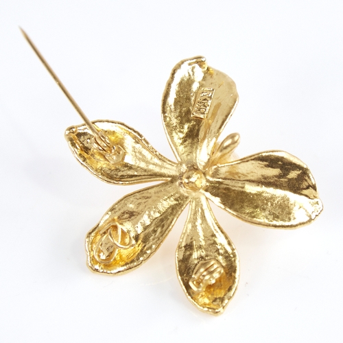 1249 - A Vintage Singaporean 24ct gold floral orchid pendant/brooch, by Risis, brooch width 40.9mm, 10.6g, ... 