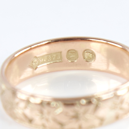 1252 - 2 9ct gold wedding band rings, including 19th century floral engraved example, band widths 5mm and 2... 