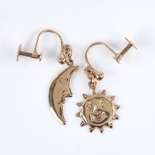 1253 - A pair of Vintage 9ct gold figural sun and moon earrings, screw-back settings, earring height 25.9mm... 