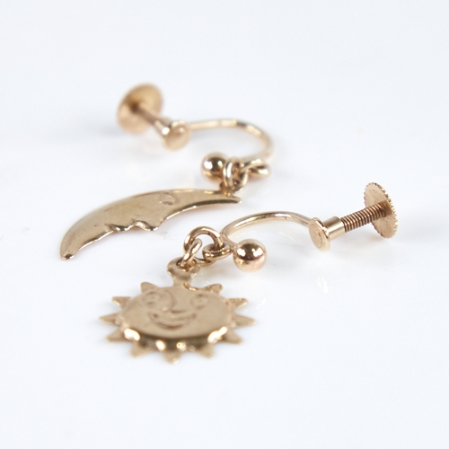 1253 - A pair of Vintage 9ct gold figural sun and moon earrings, screw-back settings, earring height 25.9mm... 