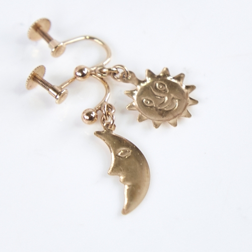 1253 - A pair of Vintage 9ct gold figural sun and moon earrings, screw-back settings, earring height 25.9mm... 