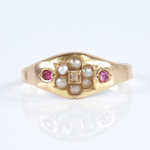 1259 - A 19th century 15ct gold ruby split-pearl and diamond ring, set with central rose-cut diamond within... 