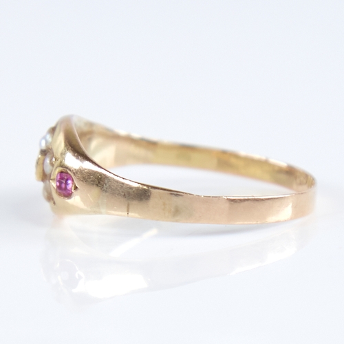 1259 - A 19th century 15ct gold ruby split-pearl and diamond ring, set with central rose-cut diamond within... 