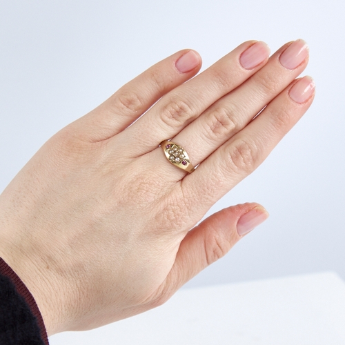 1259 - A 19th century 15ct gold ruby split-pearl and diamond ring, set with central rose-cut diamond within... 