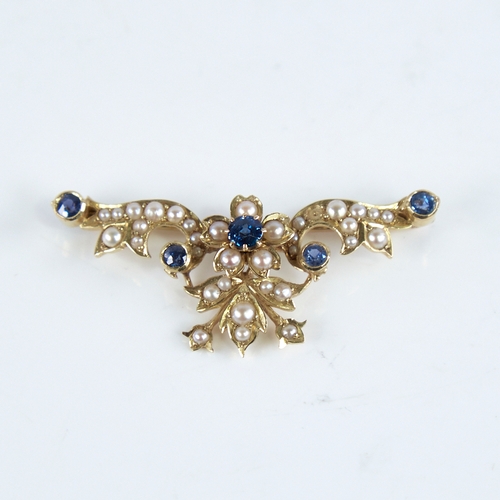 1262 - An Art Nouveau 9ct gold sapphire and split-pearl and floral brooch, brooch length 44.8mm, 5.8g