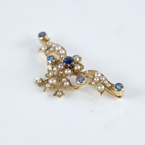 1262 - An Art Nouveau 9ct gold sapphire and split-pearl and floral brooch, brooch length 44.8mm, 5.8g