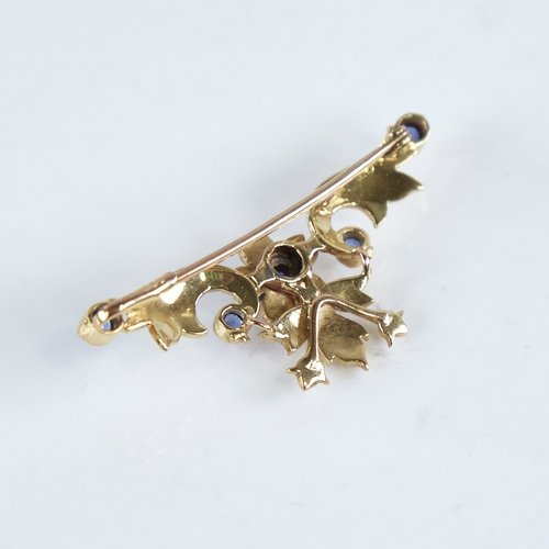 1262 - An Art Nouveau 9ct gold sapphire and split-pearl and floral brooch, brooch length 44.8mm, 5.8g