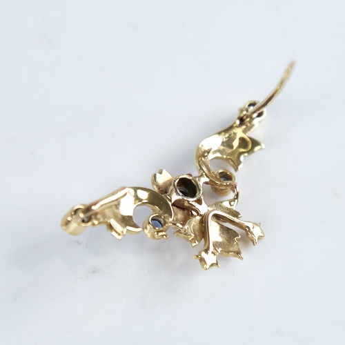 1262 - An Art Nouveau 9ct gold sapphire and split-pearl and floral brooch, brooch length 44.8mm, 5.8g