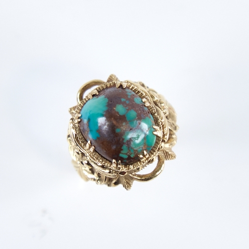 1263 - A Vintage 14ct gold cabochon turquoise matrix ring, signed Larry, possibly Navajo, pierced openwork ... 