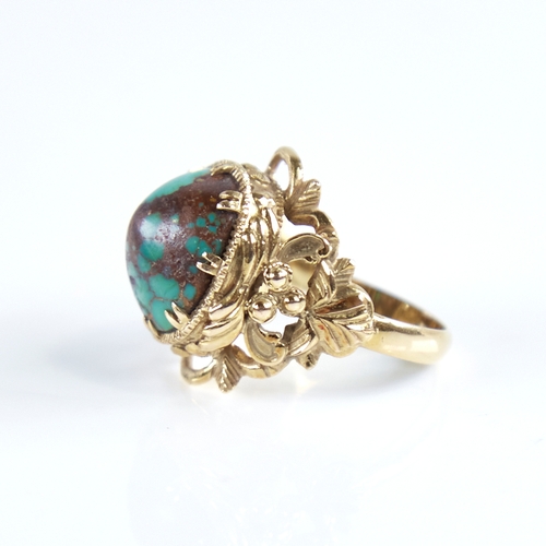 1263 - A Vintage 14ct gold cabochon turquoise matrix ring, signed Larry, possibly Navajo, pierced openwork ... 