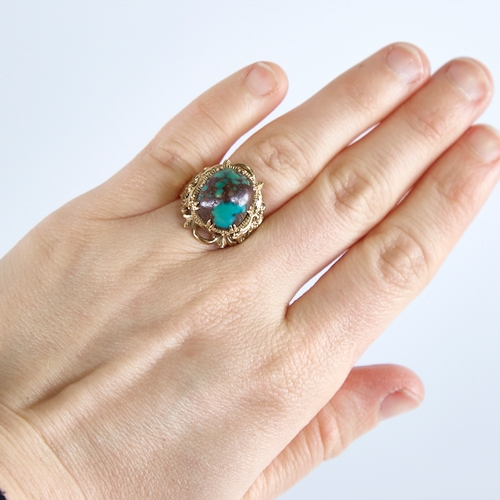 1263 - A Vintage 14ct gold cabochon turquoise matrix ring, signed Larry, possibly Navajo, pierced openwork ... 