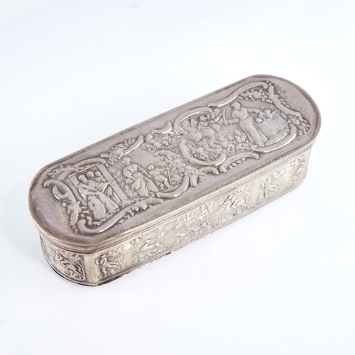 1269 - A 19th century Dutch silver tobacco box, allover relief embossed village and hunting scenes, length ... 