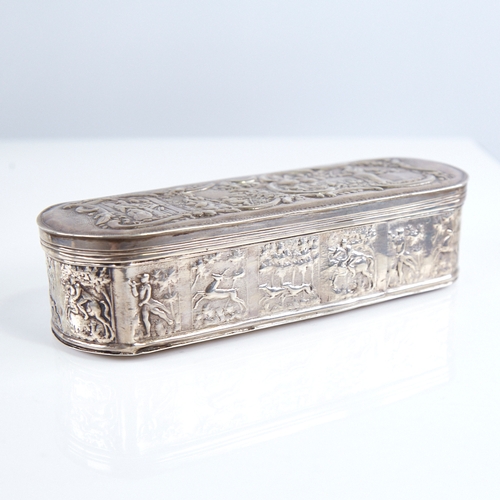 1269 - A 19th century Dutch silver tobacco box, allover relief embossed village and hunting scenes, length ... 