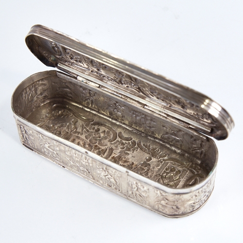 1269 - A 19th century Dutch silver tobacco box, allover relief embossed village and hunting scenes, length ... 