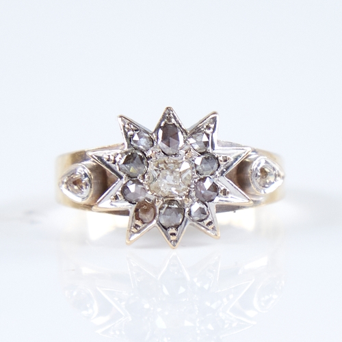 1273 - A 19th century unmarked gold diamond cluster starburst ring, circa 1890, set with old mine-cut and r... 