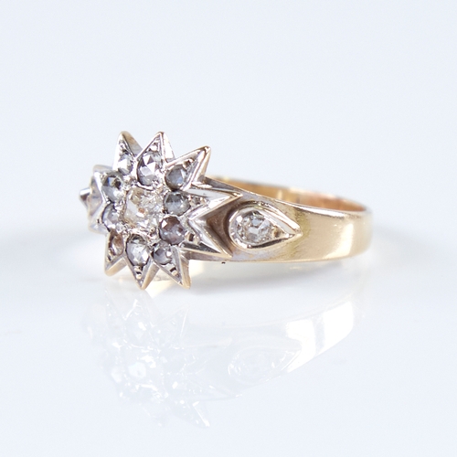 1273 - A 19th century unmarked gold diamond cluster starburst ring, circa 1890, set with old mine-cut and r... 