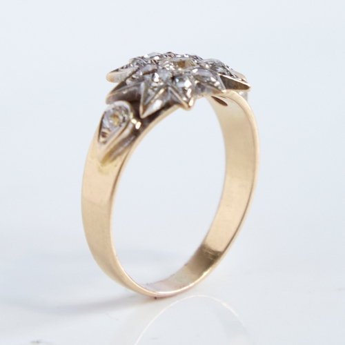 1273 - A 19th century unmarked gold diamond cluster starburst ring, circa 1890, set with old mine-cut and r... 