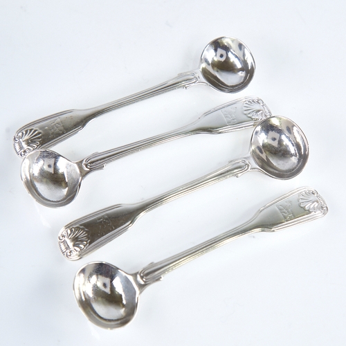 1276 - A set of 4 Victorian silver Fiddle Thread and Shell pattern mustard spoons, by Chawner & Co, hallmar... 