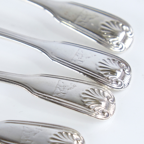 1276 - A set of 4 Victorian silver Fiddle Thread and Shell pattern mustard spoons, by Chawner & Co, hallmar... 