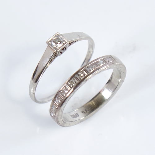 1280 - 2 Scandinavian 14ct white gold diamond rings, comprising 0.1ct solitaire diamond ring, size O, and d... 