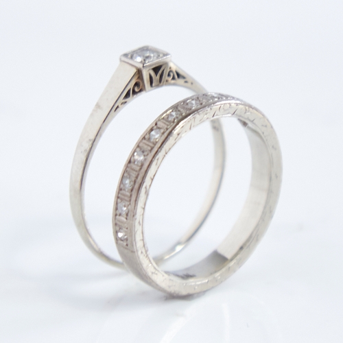 1280 - 2 Scandinavian 14ct white gold diamond rings, comprising 0.1ct solitaire diamond ring, size O, and d... 