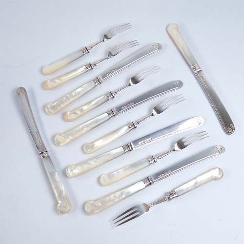 1282 - An Edwardian 6-place setting silver and mother-of-pearl handled pistol-grip dessert knives and forks... 