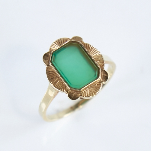 1284 - A late 20th century Chinese 14ct gold chalcedony dress ring, setting height 16mm, size Q, 4.2g