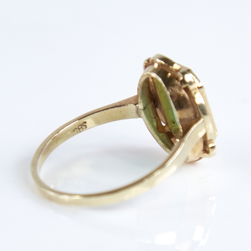 1284 - A late 20th century Chinese 14ct gold chalcedony dress ring, setting height 16mm, size Q, 4.2g