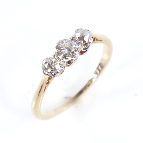 1296 - An early 20th century 18ct gold 3-stone diamond ring, set with round brilliant and old-cut diamonds,... 