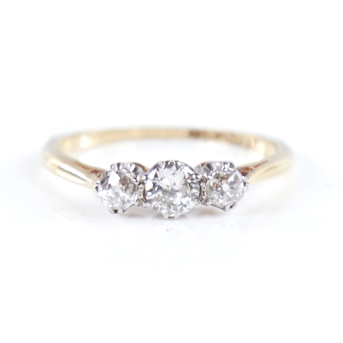 1296 - An early 20th century 18ct gold 3-stone diamond ring, set with round brilliant and old-cut diamonds,... 