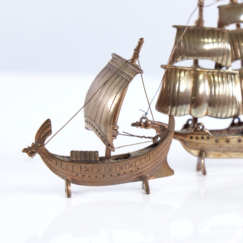 1301 - 2 modern Continental silver-gilt miniature model ships, largest height 7cm (2)