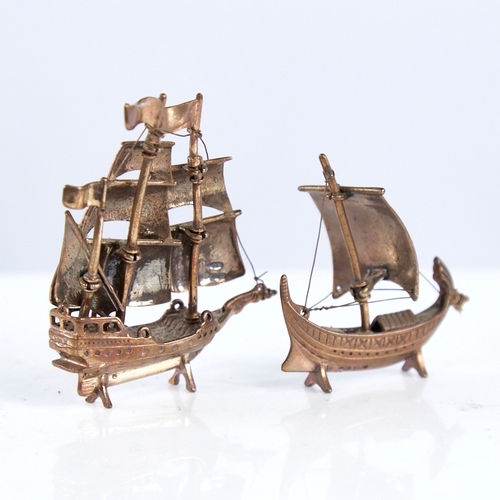 1301 - 2 modern Continental silver-gilt miniature model ships, largest height 7cm (2)