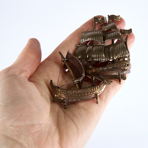 1301 - 2 modern Continental silver-gilt miniature model ships, largest height 7cm (2)