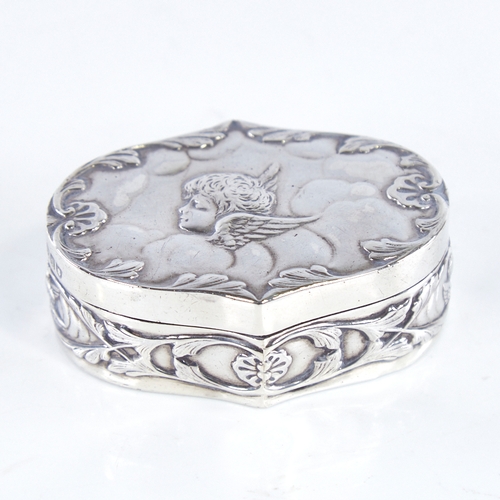 1305 - A late Victorian Art Nouveau silver dressing table box and cover, oval form with relief embossed che... 