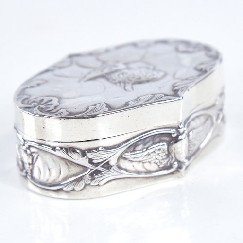 1305 - A late Victorian Art Nouveau silver dressing table box and cover, oval form with relief embossed che... 