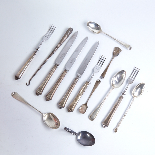 1310 - Various silver cutlery, including Georgian and Victorian teaspoons, 3-place setting of silver-handle... 